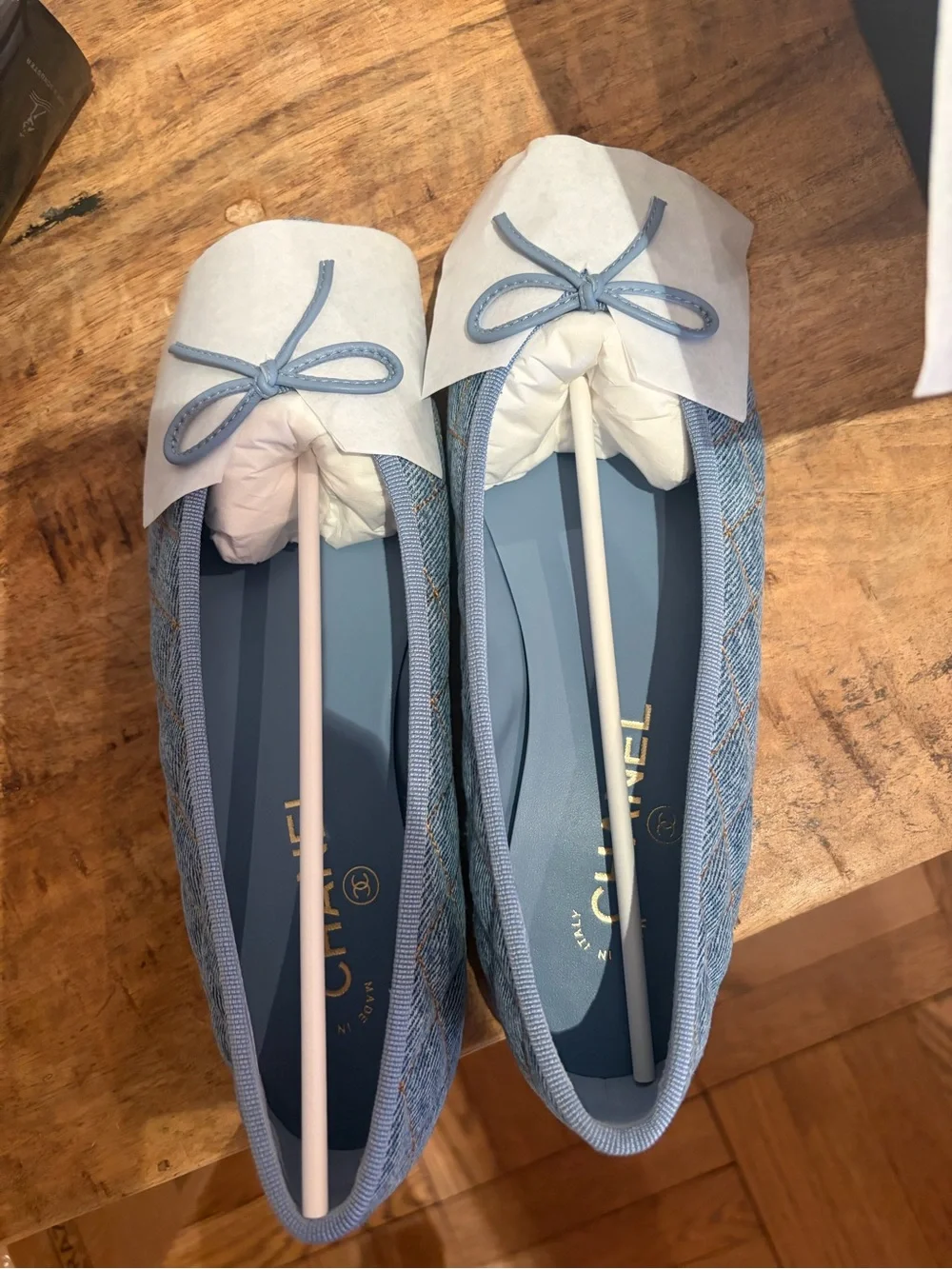 Chanel Light Blue Quilted Denim Ballet Flats
